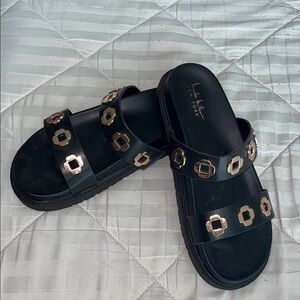 Nicole Miller Black Sandals with Gold Accents
